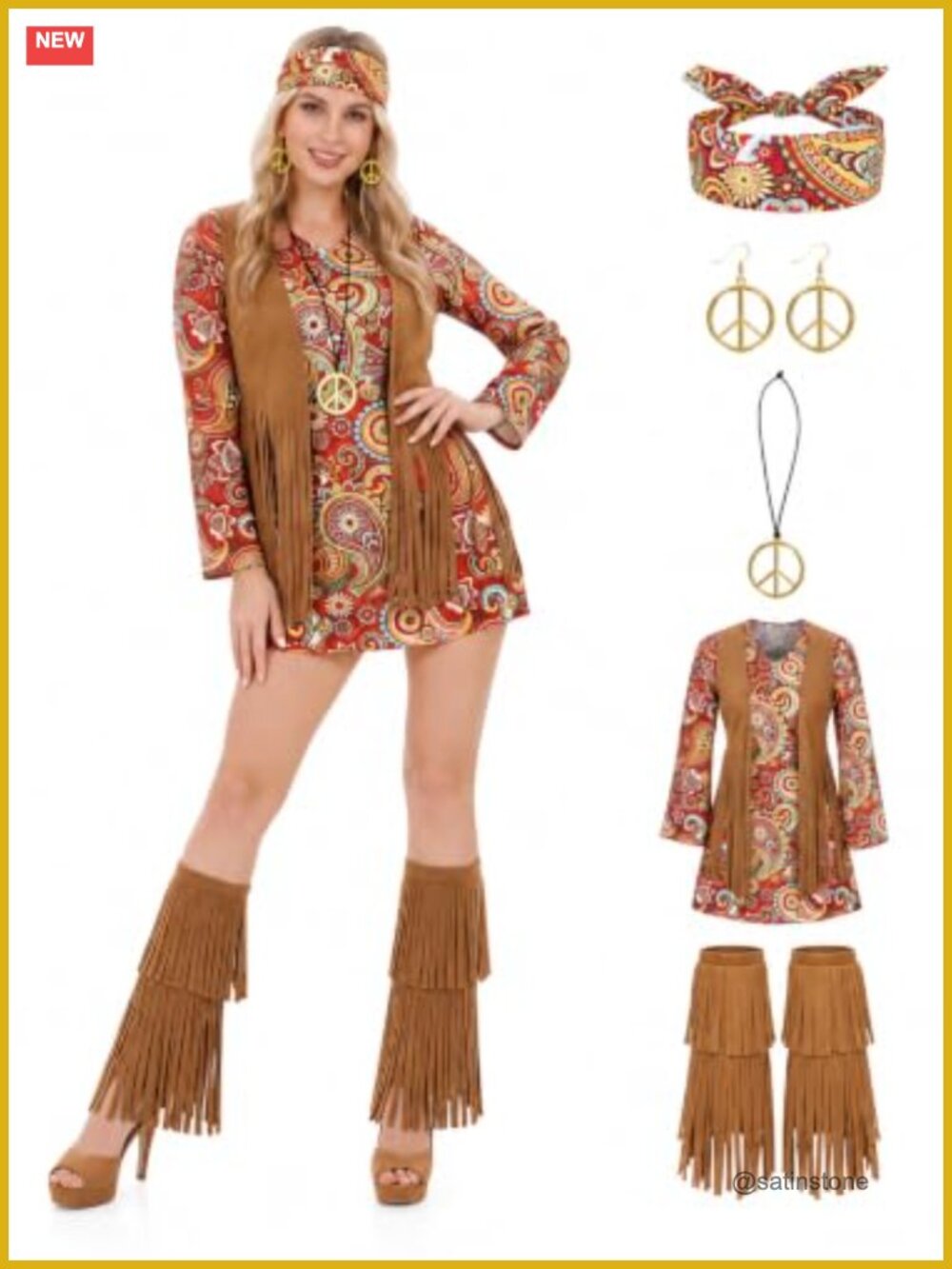 70s Hippie Costume Set 5 PCS Printed Dress Fringe Halloween Party
